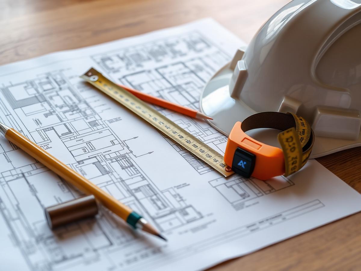 Architectural blueprints with construction tools