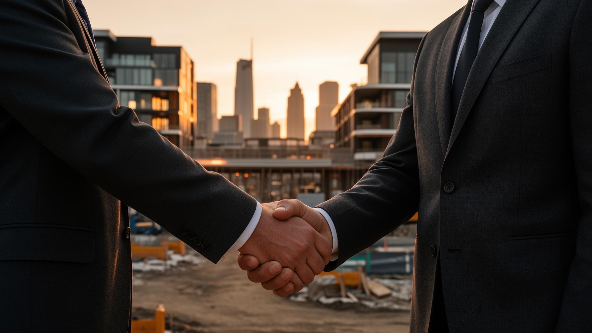 Construction professionals shaking hands at a project site